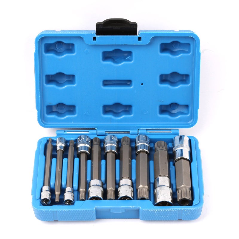 WINTOOLS 10Pcs XZN Triple Square Socket Kit Spline Socket Bit Set Long Drive Metric Bits 4-Inch Kit Â¼â€œ â…œâ€ and Â½â€ Drive Ratchets - Image 1